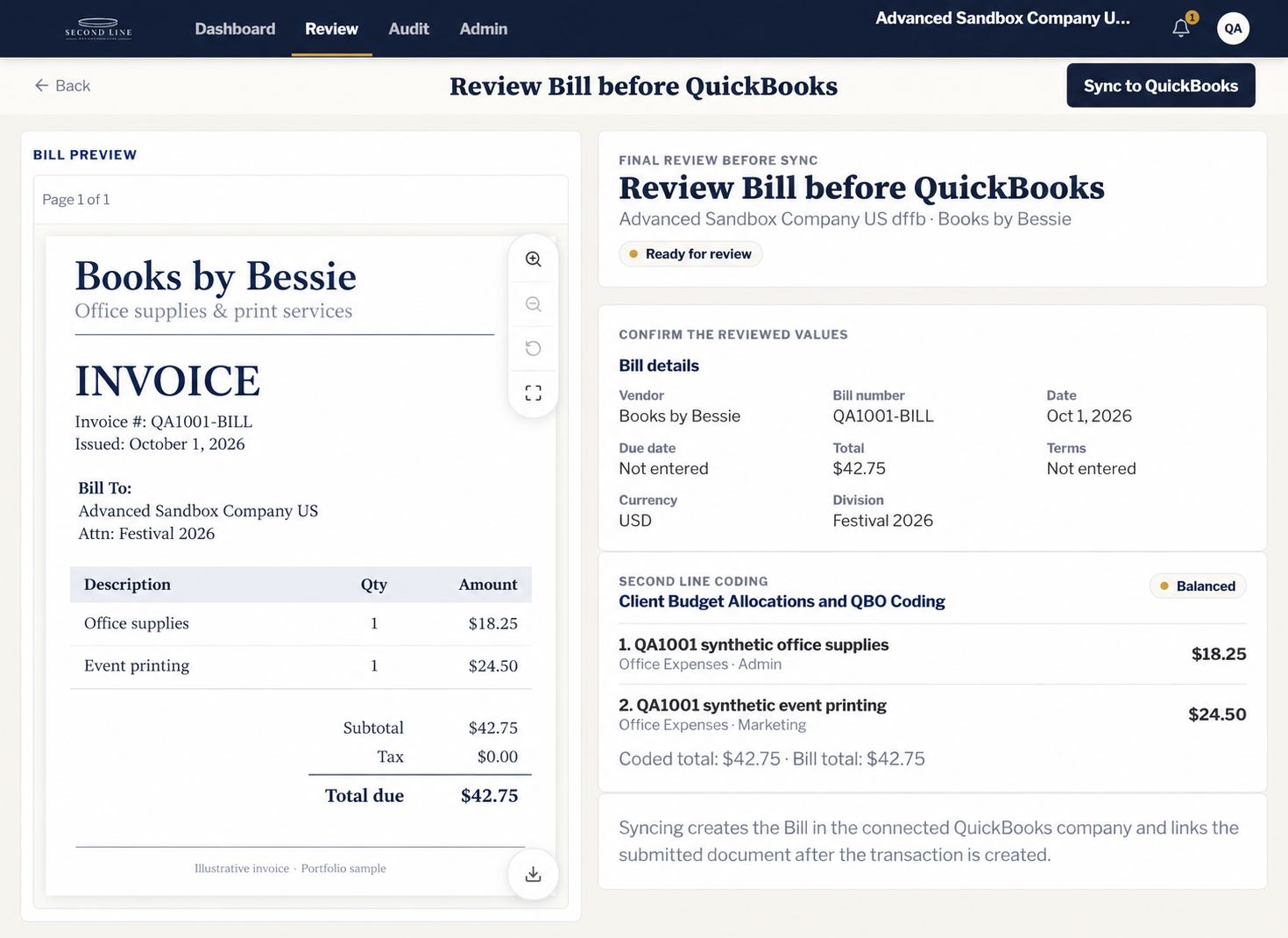 Second Line review with illustrative invoice, confirmed bill details and allocations, and explicit Sync to QuickBooks action.