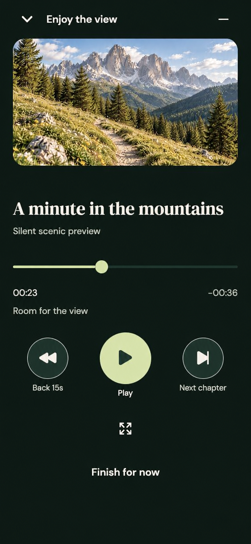 Trailside player with large controls, playback position and Finish for now.